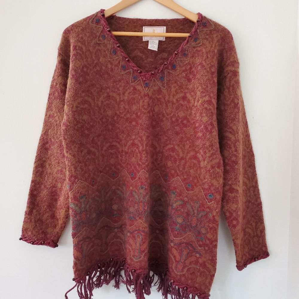 EXPRESS TRICOT M Mohair Wool Mix Maroon Tapestry Fringe Tunic Sweater Vintage